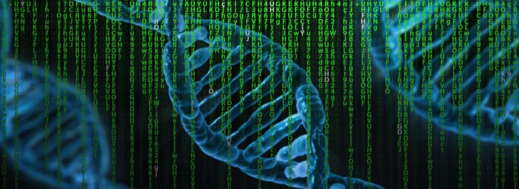 Illustration of DNA helixes with falling green letters in the style of The Matrix