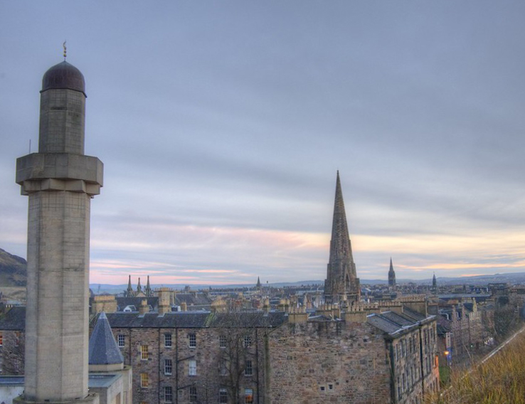 Photograph of Edinburgh skyline showing minaret and church and other spires.