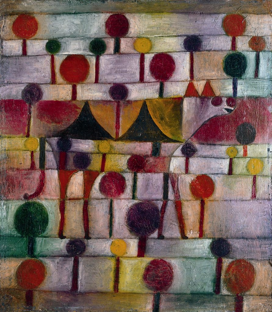 Paul Klee's painting Camel in Rhythmic Landscape with Trees, a brightly coloured, two-dimensional abstract artwork. 