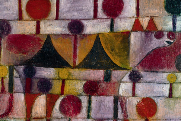 Detail from the Paul Klee painting Camel (in Rhythmic Landscape with Trees, showing an brightly coloured abstract image of a camel surrounded by trees