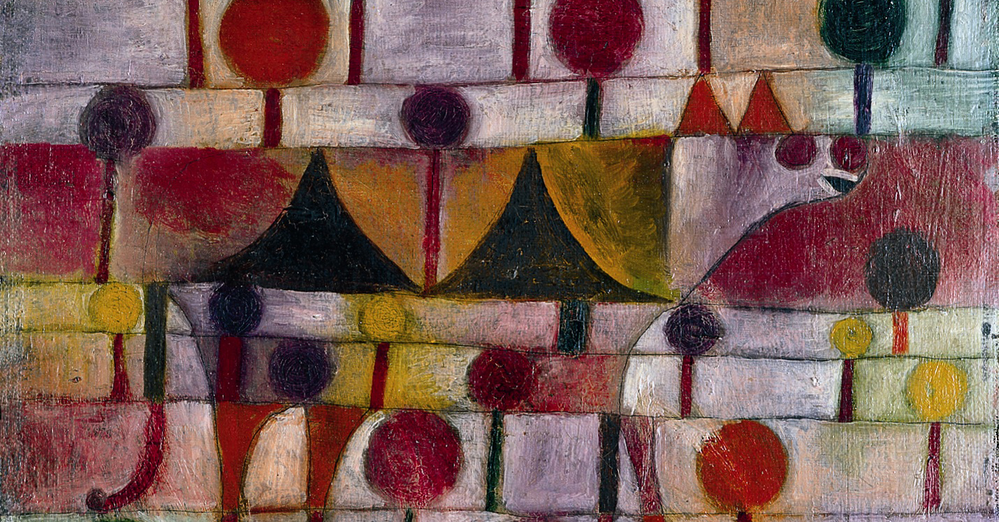 Detail from the Paul Klee painting Camel (in Rhythmic Landscape with Trees, showing an brightly coloured abstract image of a camel surrounded by trees