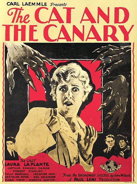 Movie poster for The Cat and the Canary (1927). A vintage movie poster showing a woman surrounded by clawed hands, text below reads "A Paul Leni Production".