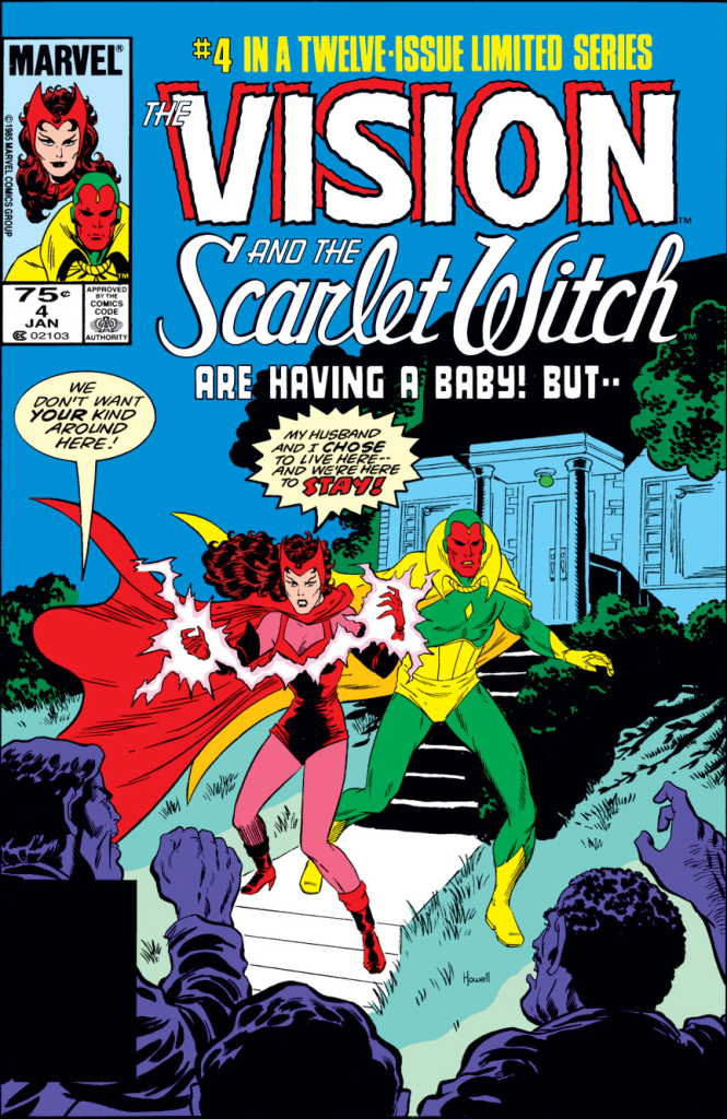 Family was a theme in Vision and the Scarlet Witch comics. Image: Cover of Vision and the Scarlet Witch (1985-1986) #4, Richard Howell (a), Marvel Comics. A comic book cover featuring the Scarlet Witch and Vision with the title "The Vision and the Scarlet Witch are having a baby! But..."