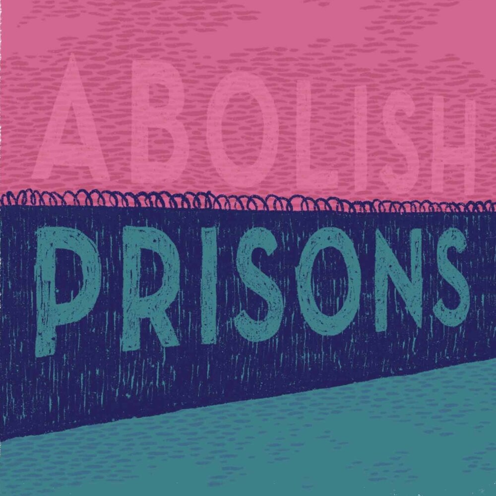 A graphic of a blue prison wall against a bright pink sky with the words Abolish Prison