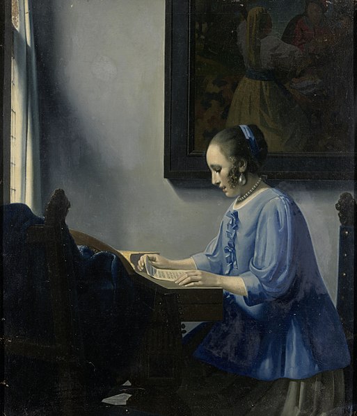A painting of a woman sitting at her desk reading a note