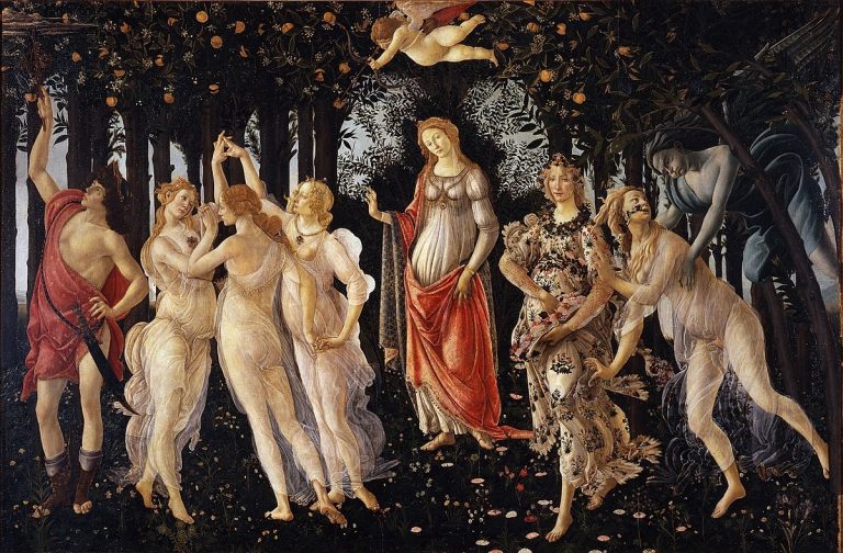A biblical style painting of a woman in red robes surrounded by dancing women and a flying baby angel
