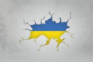 The outline of Ukraine in the Ukrainian flag colours