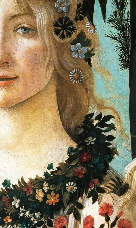 A painting of woman with flowers in blonde hair whose face is half out of frame 