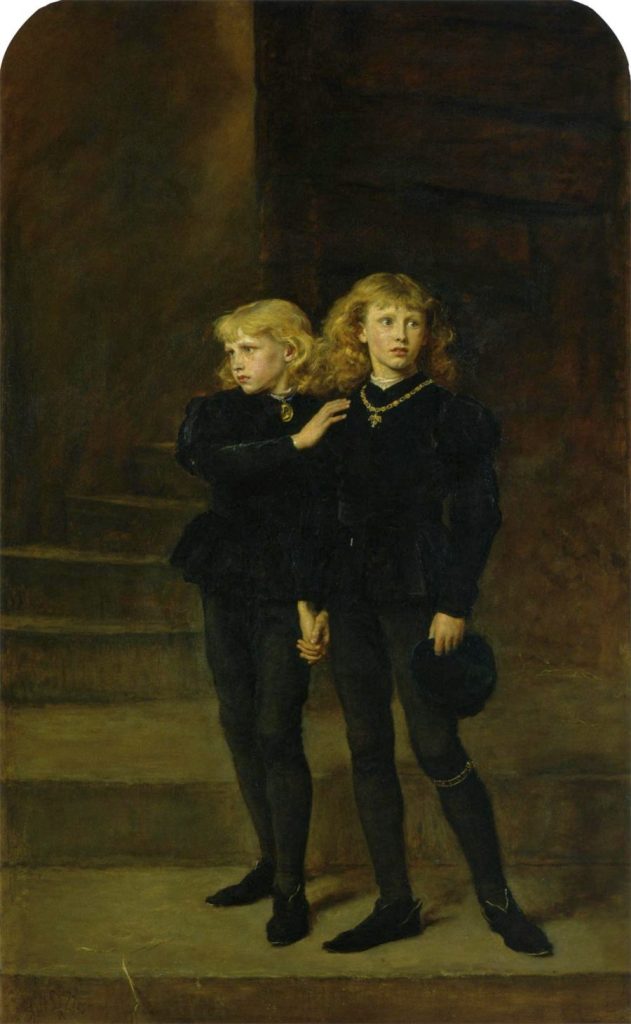 A portrait of two young boys with long blonde curly hair, wearing black clothes and gold necklaces
