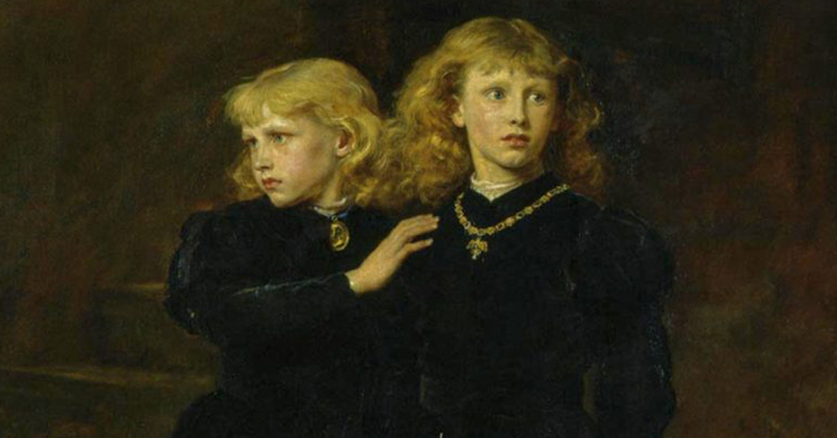 Oil painting of King Edward V and Richard, the Duke of York dressed in black sporting gold necklaces