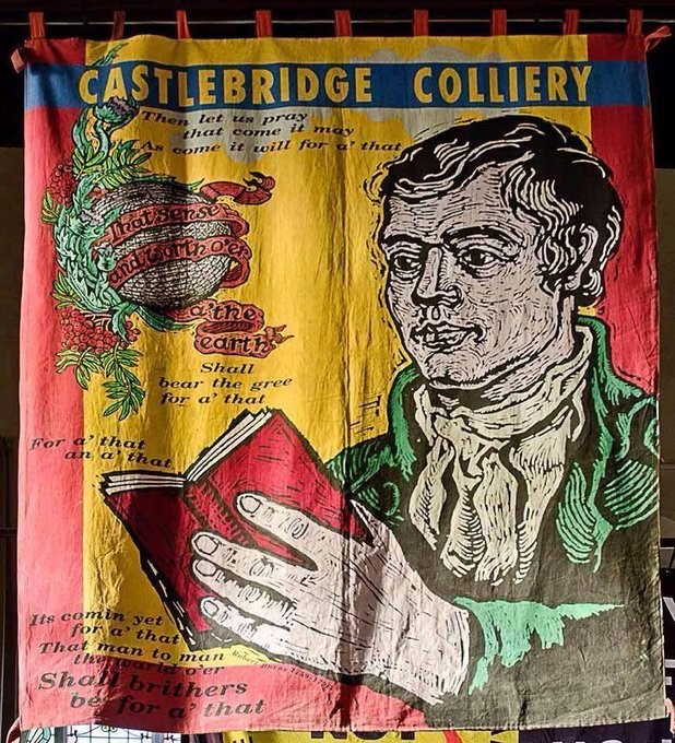 A colourful tapestry of Robert Burns reading from a book