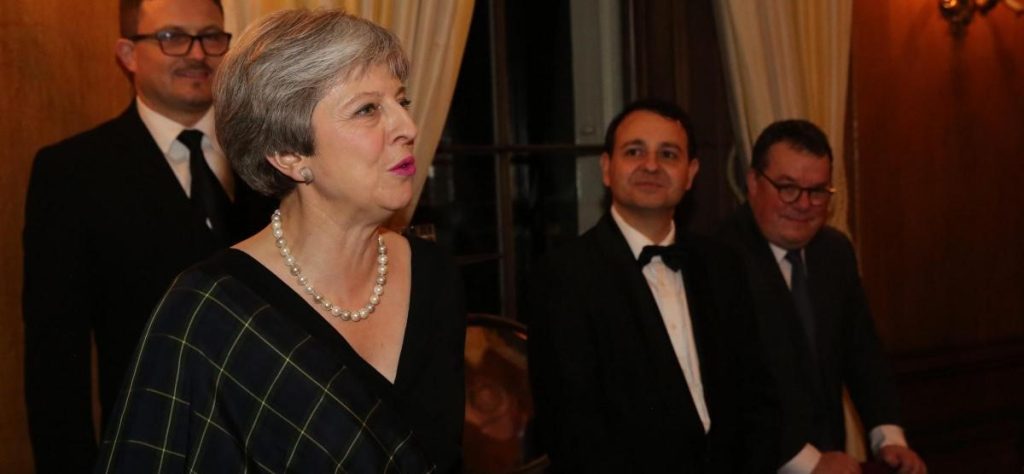 Former UK Prime Minister Theresa May in conversation at a Burns Night Supper event