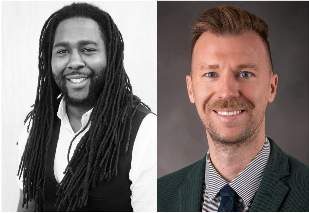 Photographs of the authors, Biko Mandela Gray and Ryan J. Johnson. Biko is a Black man with long dreadlocks and a neat beard, pictured smiling, in black and white. Ryan is a white man with a quiff and a moustache, pictured smiling, in colour. 