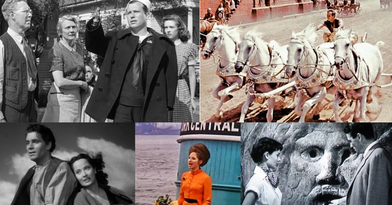 A collage of screenshots from various William Wyler movies. Moving clockwise, a black and white photo of a group of people standing in a garden, a man sitting in a chariot that is being pulled by four white horses, Audrey Hepburn and Gregory Peck look at a carved face in a stone wall, Barbra Streisand stands at the front of a boat wearing an orange coat and fur hat, and a black and white photo of a couple sitting together intimately
