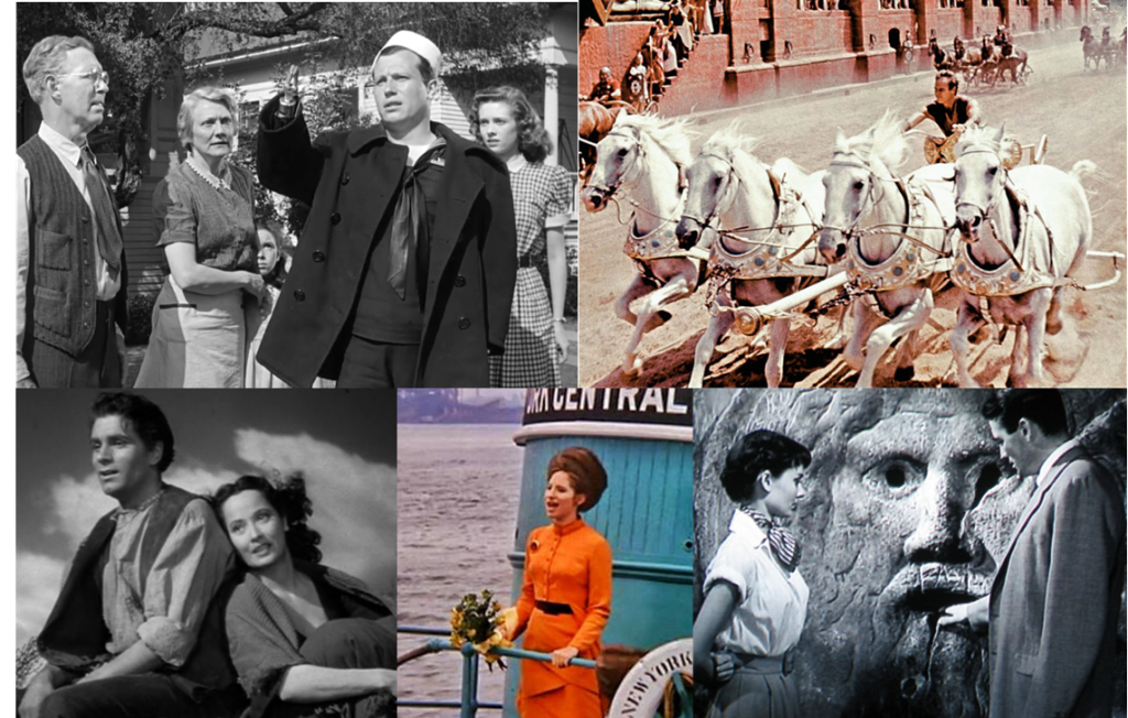 A collage of screenshots from various William Wyler movies. Moving clockwise, a black and white photo of a group of people standing in a garden, a man sitting in a chariot that is being pulled by four white horses, Audrey Hepburn and Gregory Peck look at a carved face in a stone wall, Barbra Streisand stands at the front of a boat wearing an orange coat and fur hat, and a black and white photo of a couple sitting together intimately