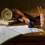 A close-up photo of a brown desk with a clock, notebook, a satchel and a cup holding a bunch of pencils