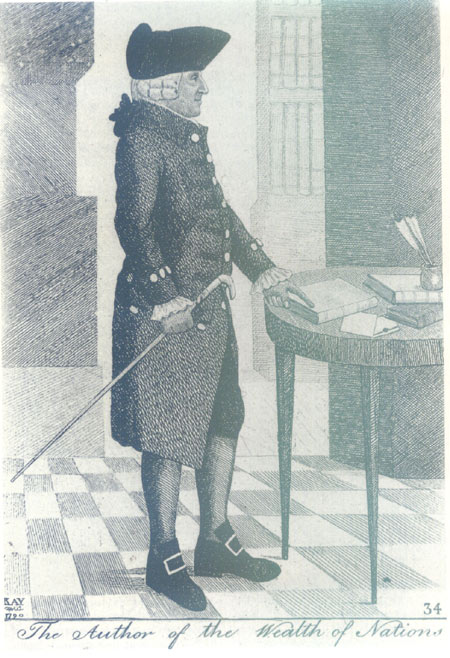 A hand-drawn sketch of Adam Smith dressed in a coat and hat, holding a cane, and standing next to a desk 