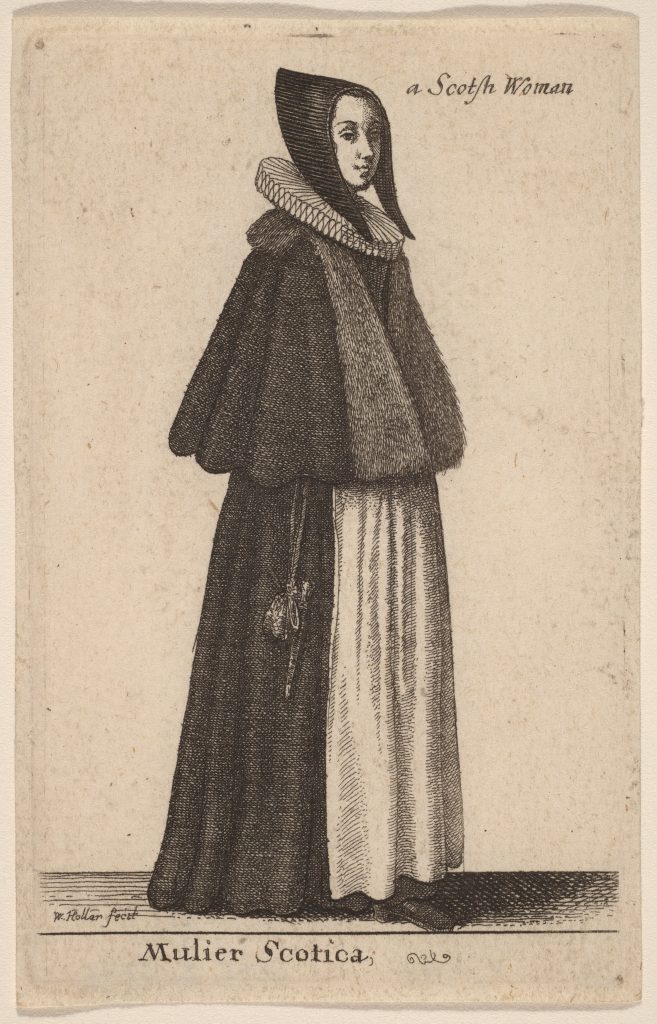 A drawing of a women in 16th-century clothing