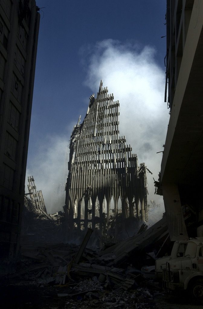The wreckage of the Twin Towers following the 9/11 attacks
