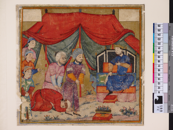 Turbanned people in colourful robes bow and kneel before a bearded man wearing a gold crown and blue robe sitting on a cushioned throne. They are gathered on the grass under a red tent canopy.