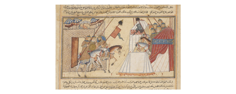 Detail of miniature from a manuscripts of the Compendium of Chronicles by Rashid al-Din that shows the besieged city of Mashhad al-Dai (Eastern Iran) in 998 CE. Three horseman are shown riding out of the city, about to engage the aggressors who are also riding horses. All of them are armed.