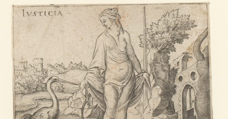 A sketch of Lady Justice standing next to a stork in a garden
