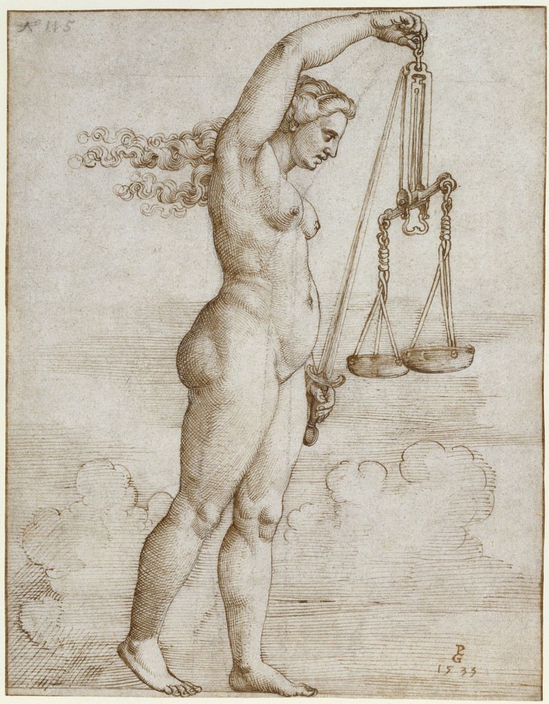 An illustration of Lady Justice Georg Pencz holding a balancing scales