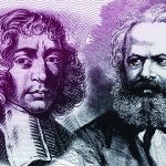 A coloured picture (the colours are mainly black, white, grey and purple) depicting a portrait sketching of Karl Marx and Baruch Spinoza side by side. Marx is on the right hand side looking towards the left and Spinoza is on the left hand side looking ahead and to the left.