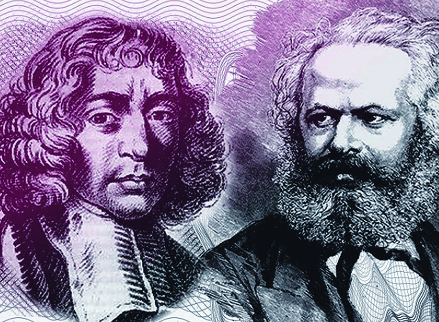 A coloured picture (the colours are mainly black, white, grey and purple) depicting a portrait sketching of Karl Marx and Baruch Spinoza side by side. Marx is on the right hand side looking towards the left and Spinoza is on the left hand side looking ahead and to the left.