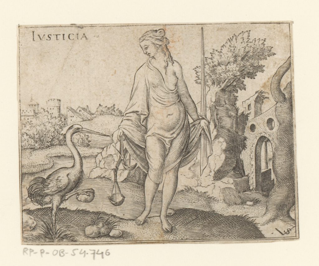 A sketch of Lady Justice standing next to a stork