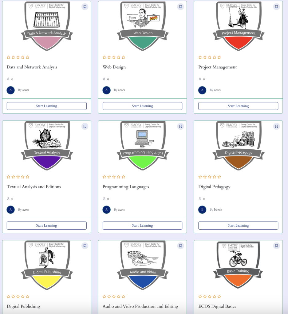 A screenshot of Emory Center for Digital Scholarship’s Training website’s digital training offerings: Data and Network Analysis, Web Design, Project Management, Textual Analysis and Editions, Programming Languages, Digital Pedagogy, Digital Publishing, Audio and Video Production and Editing, ECDS Digital Basics.