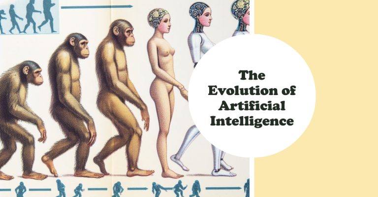 The evolution timeline depicting man evolving from a primate to a human to a walking robot
