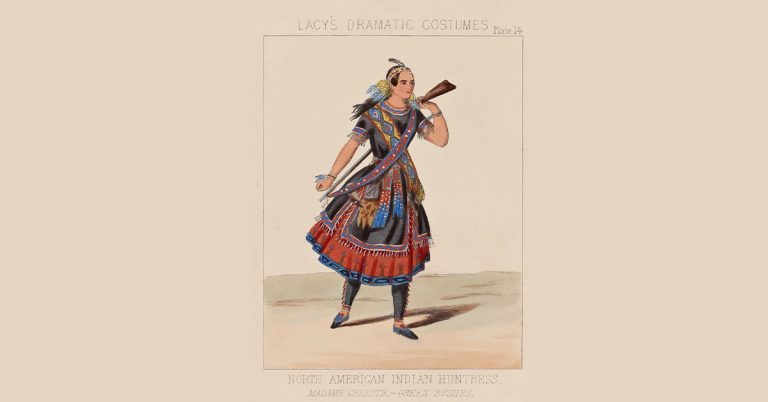 A drawing of a woman dressed in Native American traditional wear