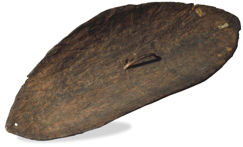 A traditional, wooden shield laying horizontally