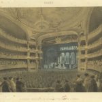A photograph of a drawing of a crowd watching a theatrical performance inside a nineteenth-century style theatre hall