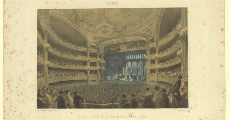 A photograph of a drawing of a crowd watching a theatrical performance inside a nineteenth-century style theatre hall