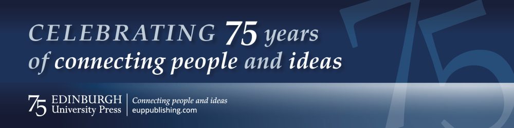 A text based banner in shades of blue with 75 in the background. Text reads Celebrating 75 years of connecting people and ideas. The