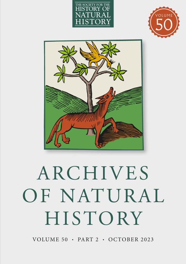 A journal cover displaying an image of a fox stood beneath a tree, with the words 'Archives of Natural History' below. There is a 50th anniversary edition stamp in the top right corner.