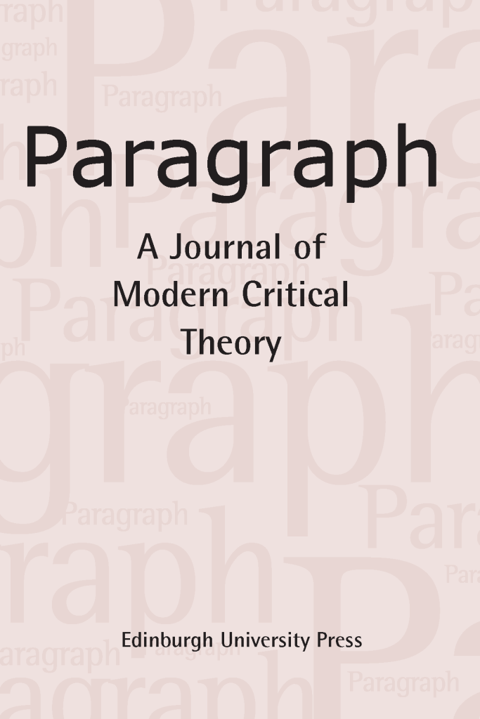 The cover of a journal:  the words "Paragraph: A Journal of Modern Critical Theory" are placed over a pale pink background