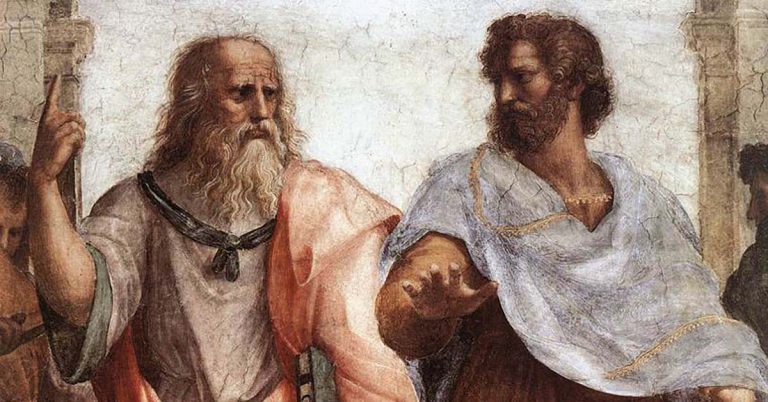 Two men with beards - Plato and Aristotle -dressed in Ancient Greek clothing look at each other whilst walking towards the viewer