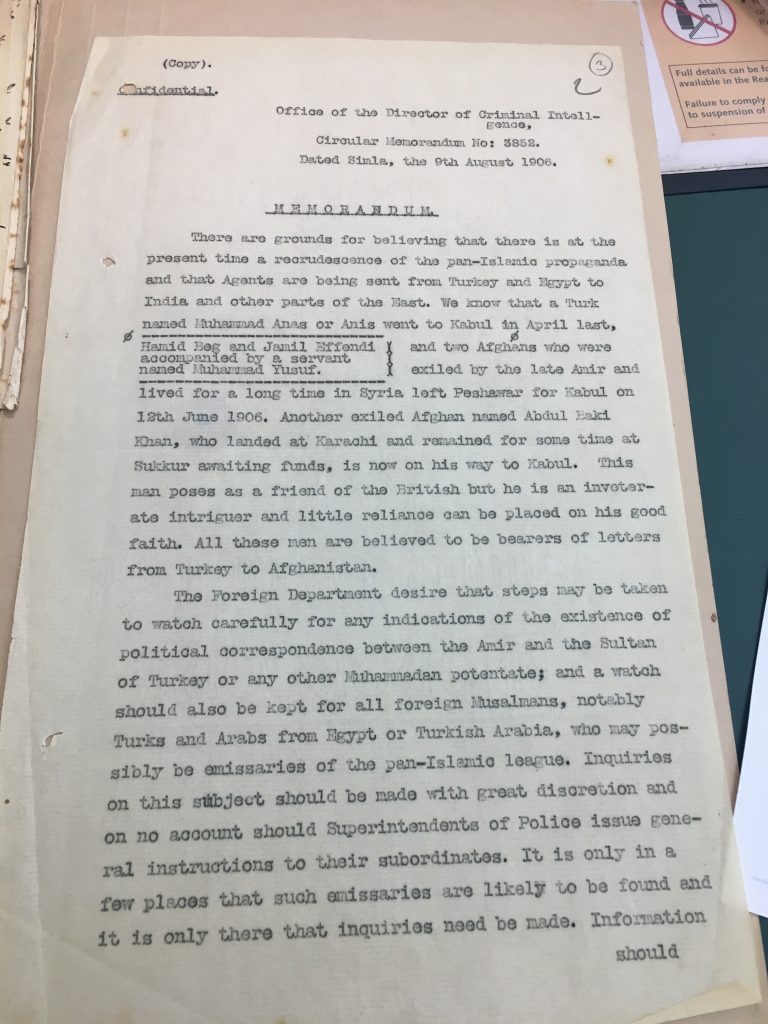A photograph of a memorandum from the Office of Criminal Intelligence, dated 1906.
