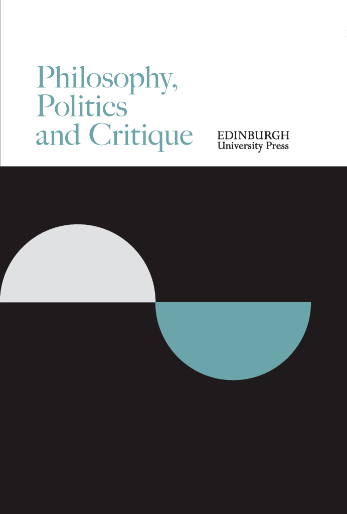 The cover of Philosophy, Politics and Critique: two semicircles, one white and one teal, against a black background, with the journal title above.