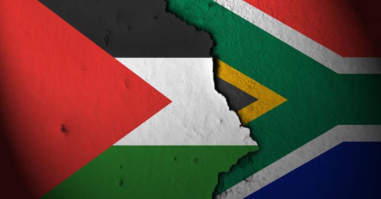 Half of the Palestinian flag layered over half of the South African flag