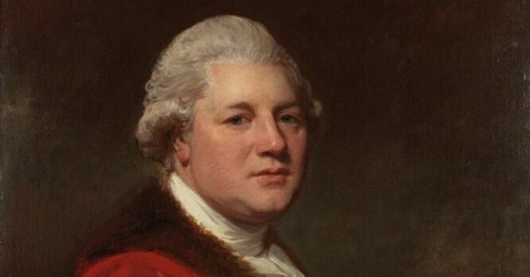 A close up of a painted portrait of James Macpherson.