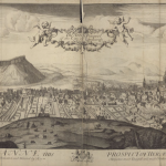 A black and white drawing showing Edinburgh from the north, with the castle on the right and Arthur's seat on the left.