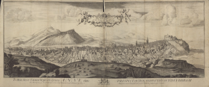 A black and white drawing showing Edinburgh from the north, with the castle on the right and Arthur's seat on the left.