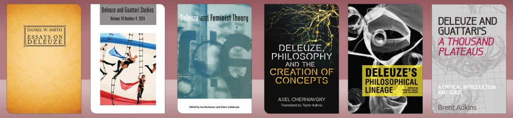 Six Edinburgh University Press books which focus on the work of Gilles Deleuze are arranged in a row. 