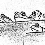 Drawing of the game of artificial frogs: most frogs sit on the surface of the water, whilst the 'salted frog' sinks to the bottom