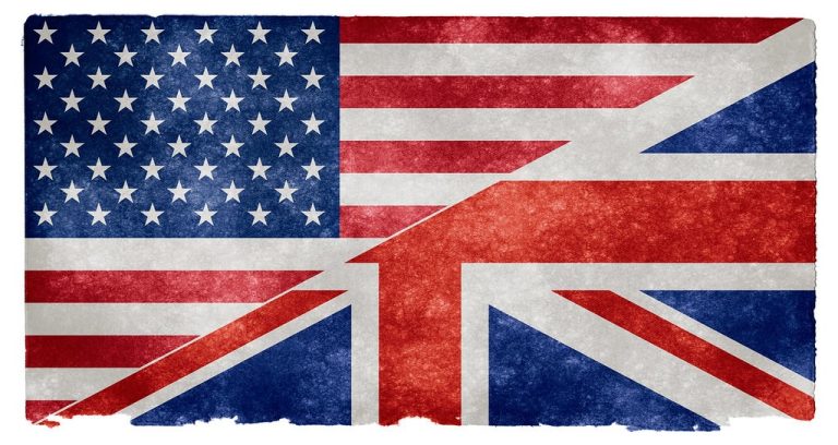 The US and the UK flag spliced together with a diagonal line through the centre