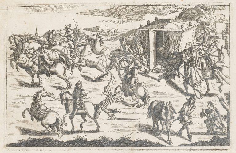 Black and white line drawing showing a chaotic scene with several horses, riders and a carriage on grass. The riders are fighting with each other, some holding guns or swords.